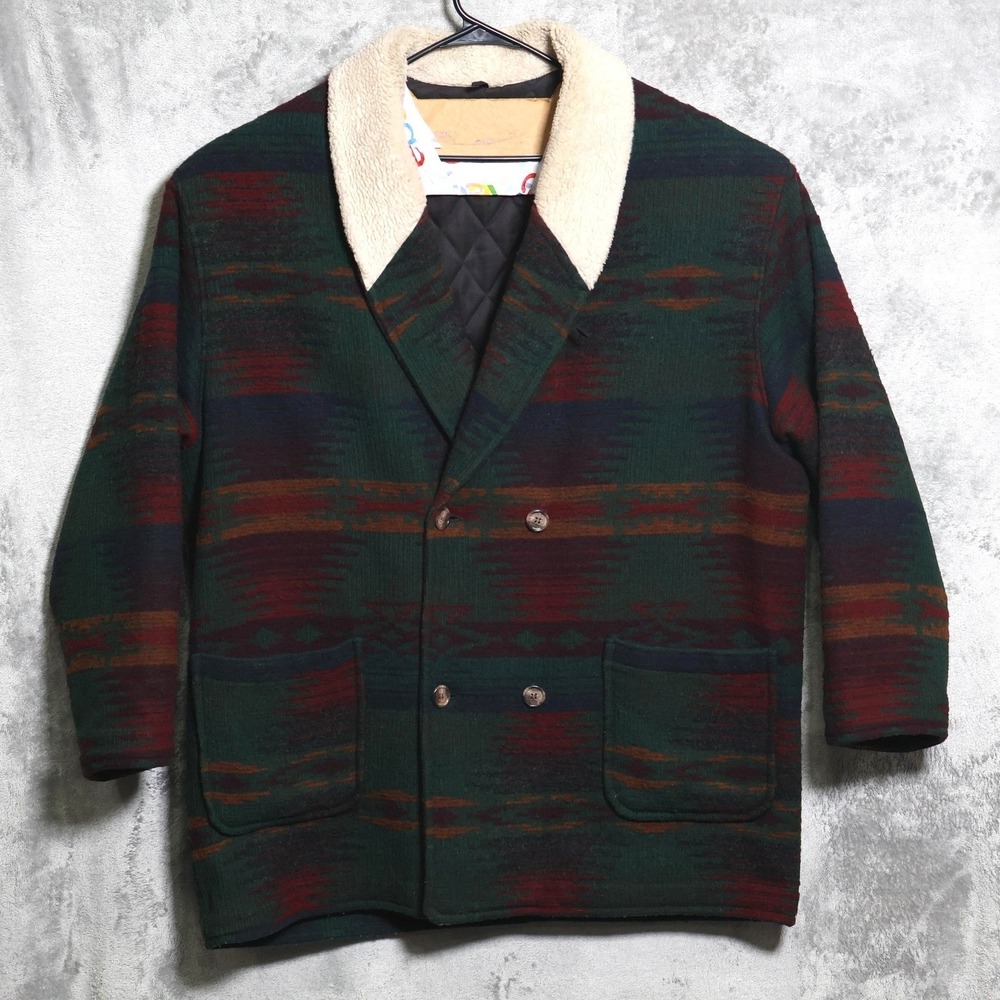 Vintage Woolrich Coat Men 2XL Green Red Aztec Southwest Sherpa Collar Wool USA